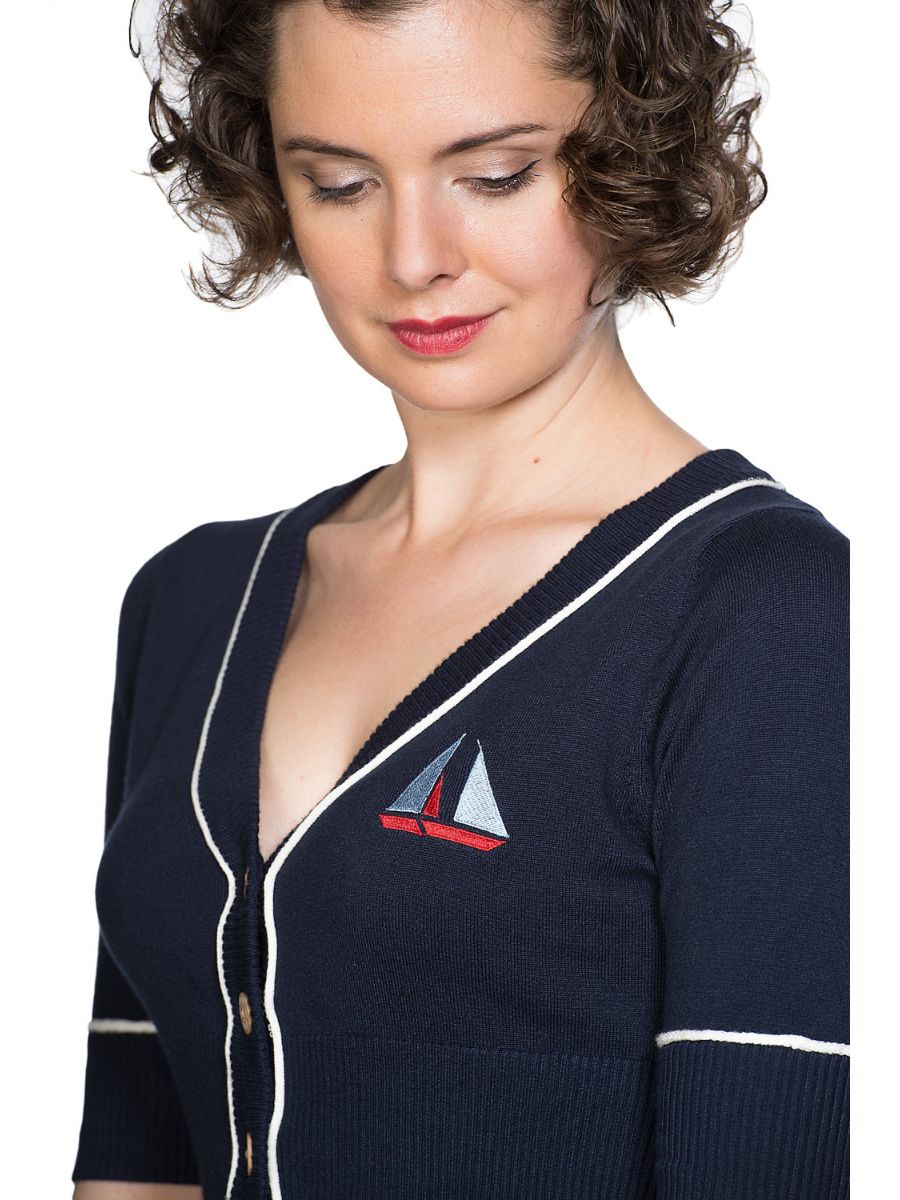 Banned Retro 1950's Summer Set Sail Cropped Knit Nautical Vintage Cardigan Navy