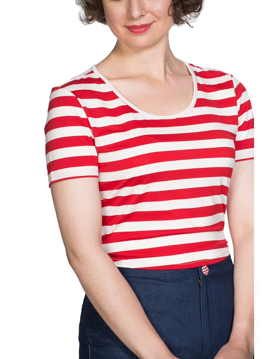 Banned Retro Land Ahoy Nautical Rockabilly Stripe Scoop Neck Vintage T-Shirt Red