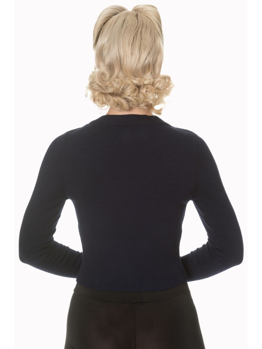 Banned Retro 1950's Let's Go Dancing V-Neck Long Sleeve Cardigan Navy