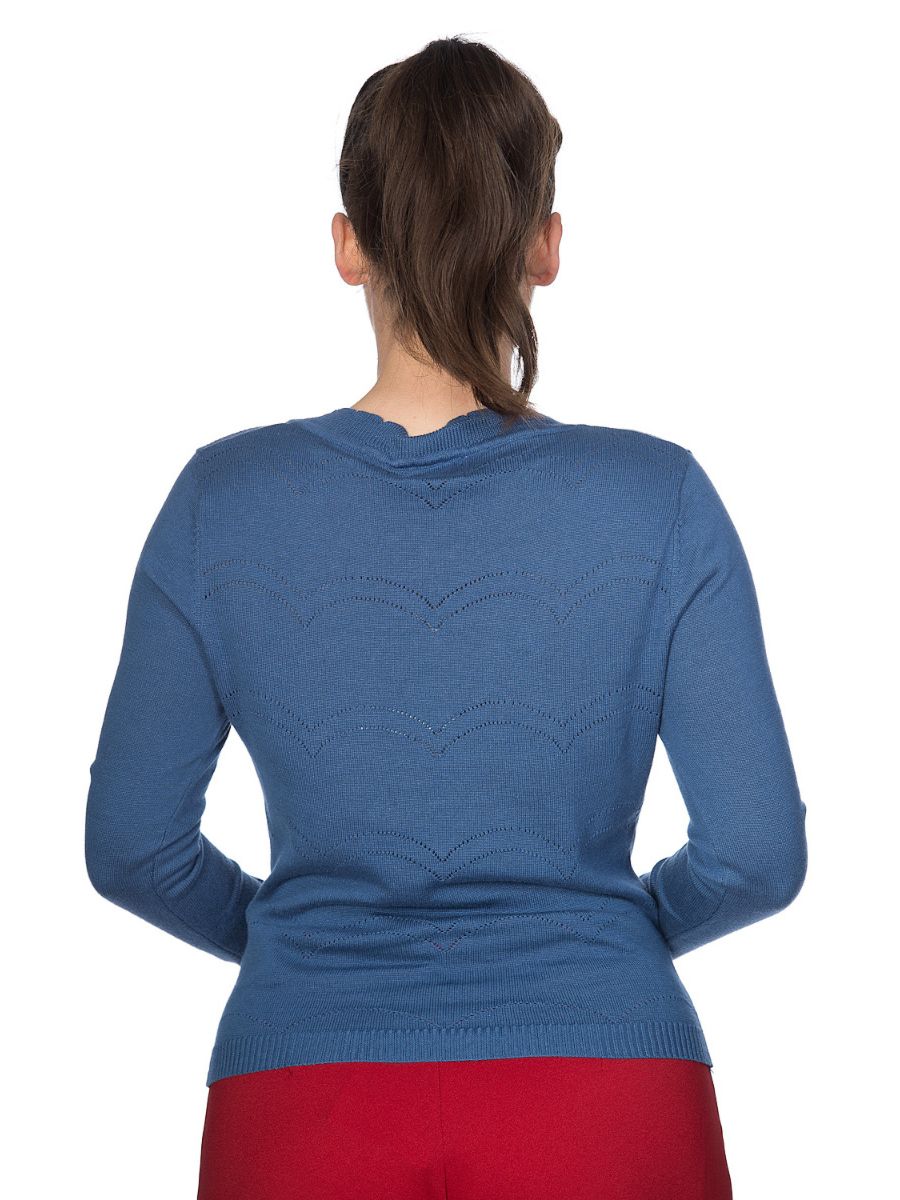 Banned Retro 1950's June V-Neck Scalloped Pointelle Long Sleeve Vintage Cardigan Blue