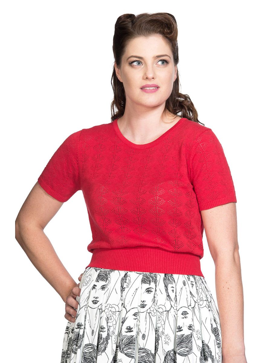 Banned Retro 1950's Nautical Pointelle Perforated Vintage Ruby Knit Top Red