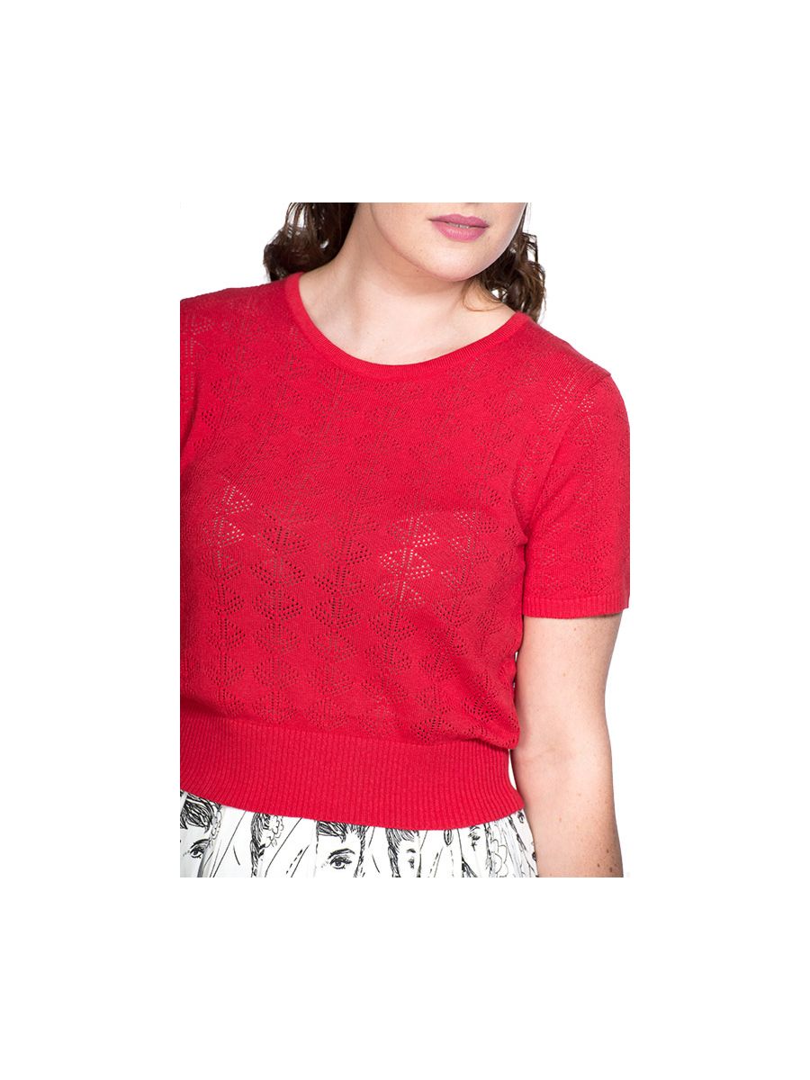 Banned Retro 1950's Nautical Pointelle Perforated Vintage Ruby Knit Top Red