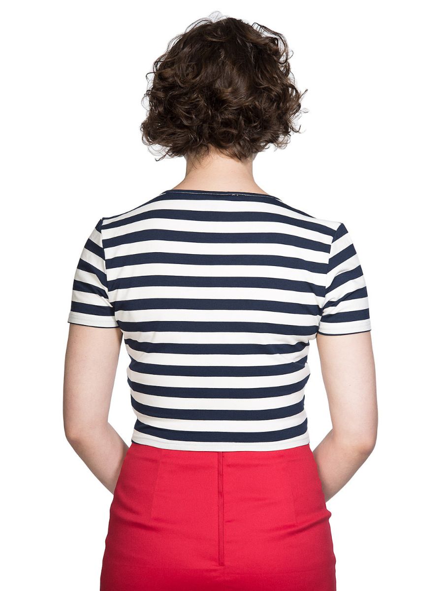 Banned Retro Land Ahoy Nautical Rockabilly Stripe Scoop Neck Vintage T-Shirt Blue