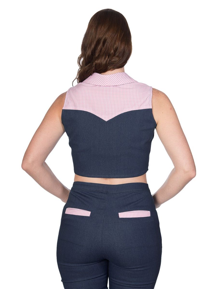Banned Retro 1950's Diner Days Tie Up Crop Top Vintage Denim Gingham Blouse Dark Blue