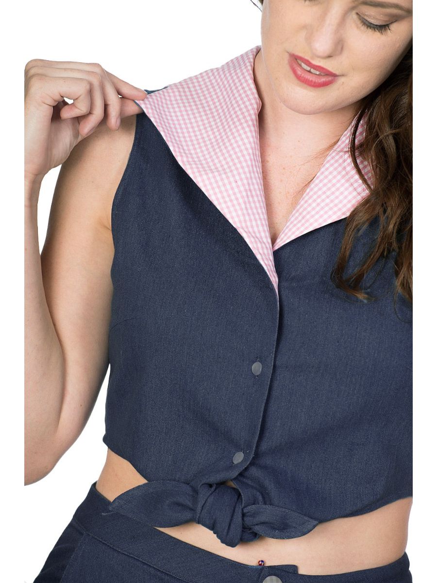 Banned Retro 1950's Diner Days Tie Up Crop Top Vintage Denim Gingham Blouse Dark Blue