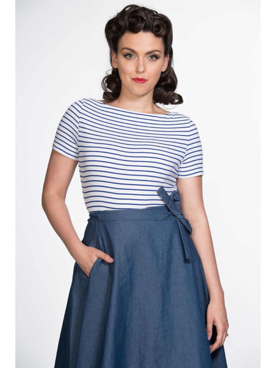 Banned Retro 1950's Italy Sail Nautical Rockabilly Stripe Vintage Dorothy Top Blue
