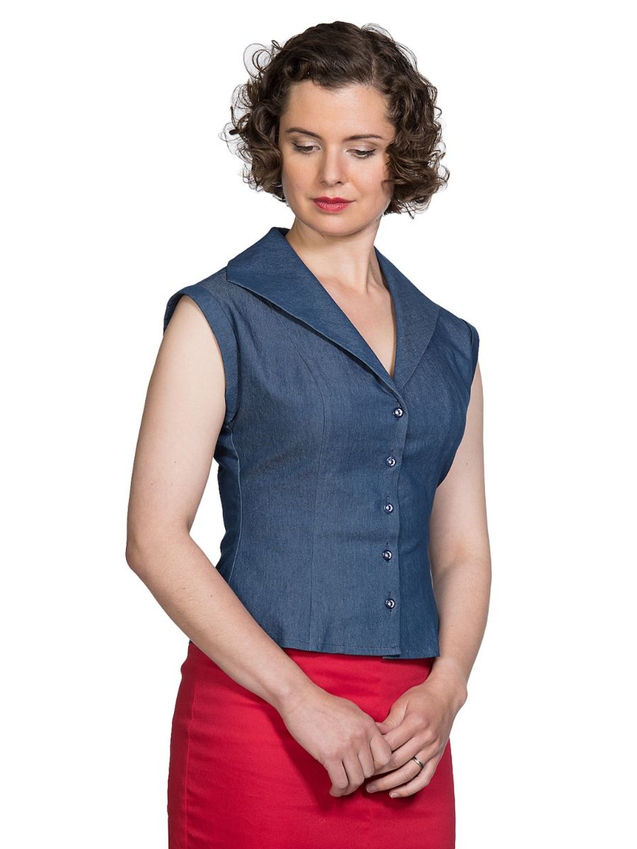 Banned Retro 1950's Sweet Sail Denim Rita Vintage Blouse Blue