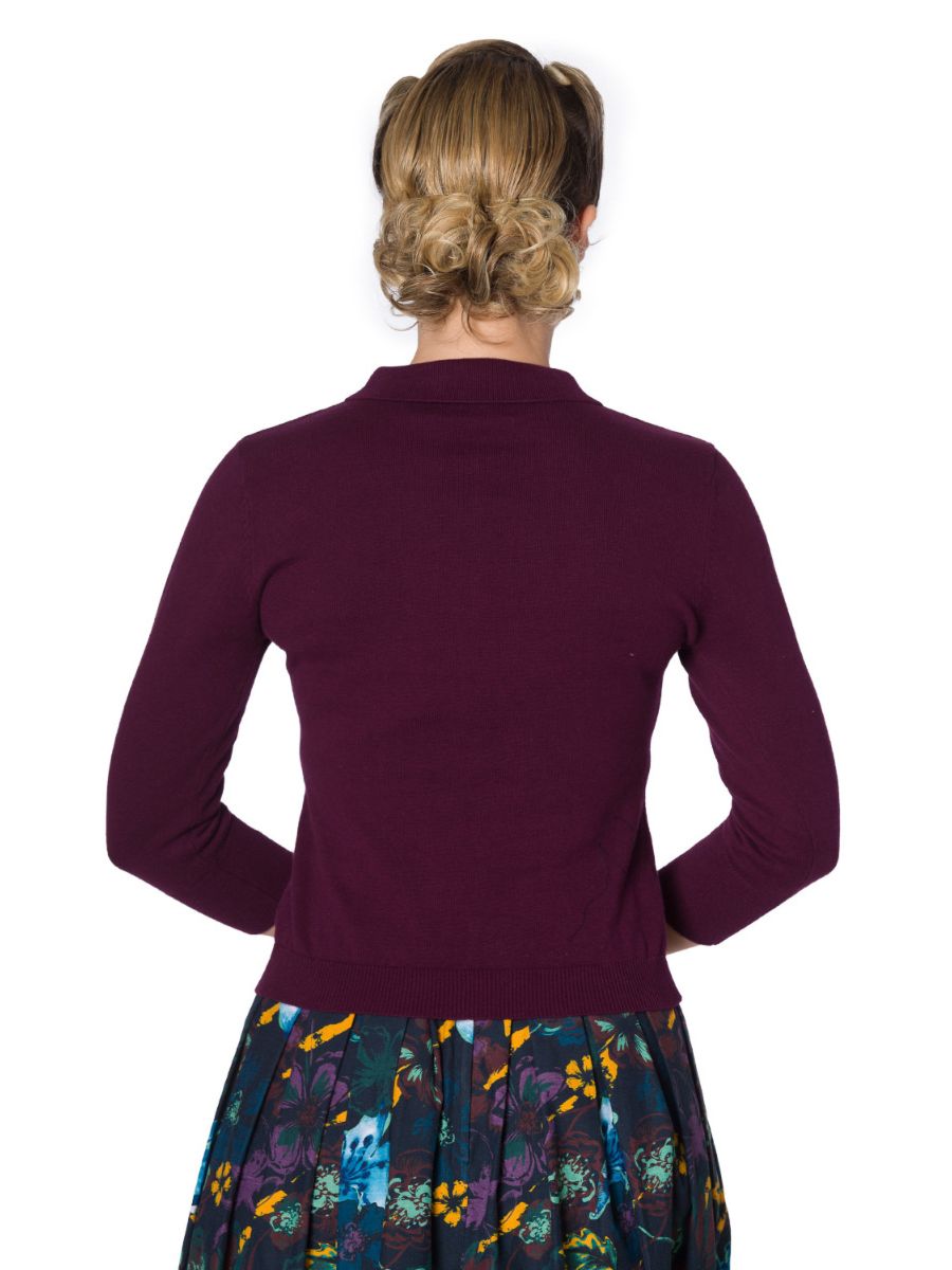 Banned Retro 1950's Audry Button Polo Knit Vintage Top Aubergine Eggplant