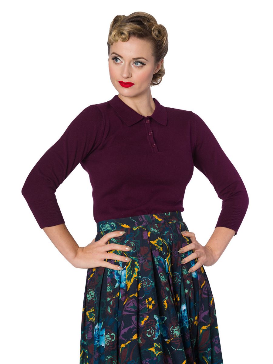 Banned Retro 1950's Audry Button Polo Knit Vintage Top Aubergine Eggplant