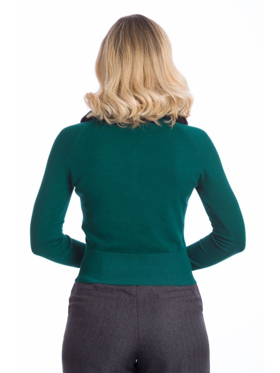 Banned Retro 1950's Bow Dreaming Faux Fur Detachable Collar Vintage Anita Cardigan Green