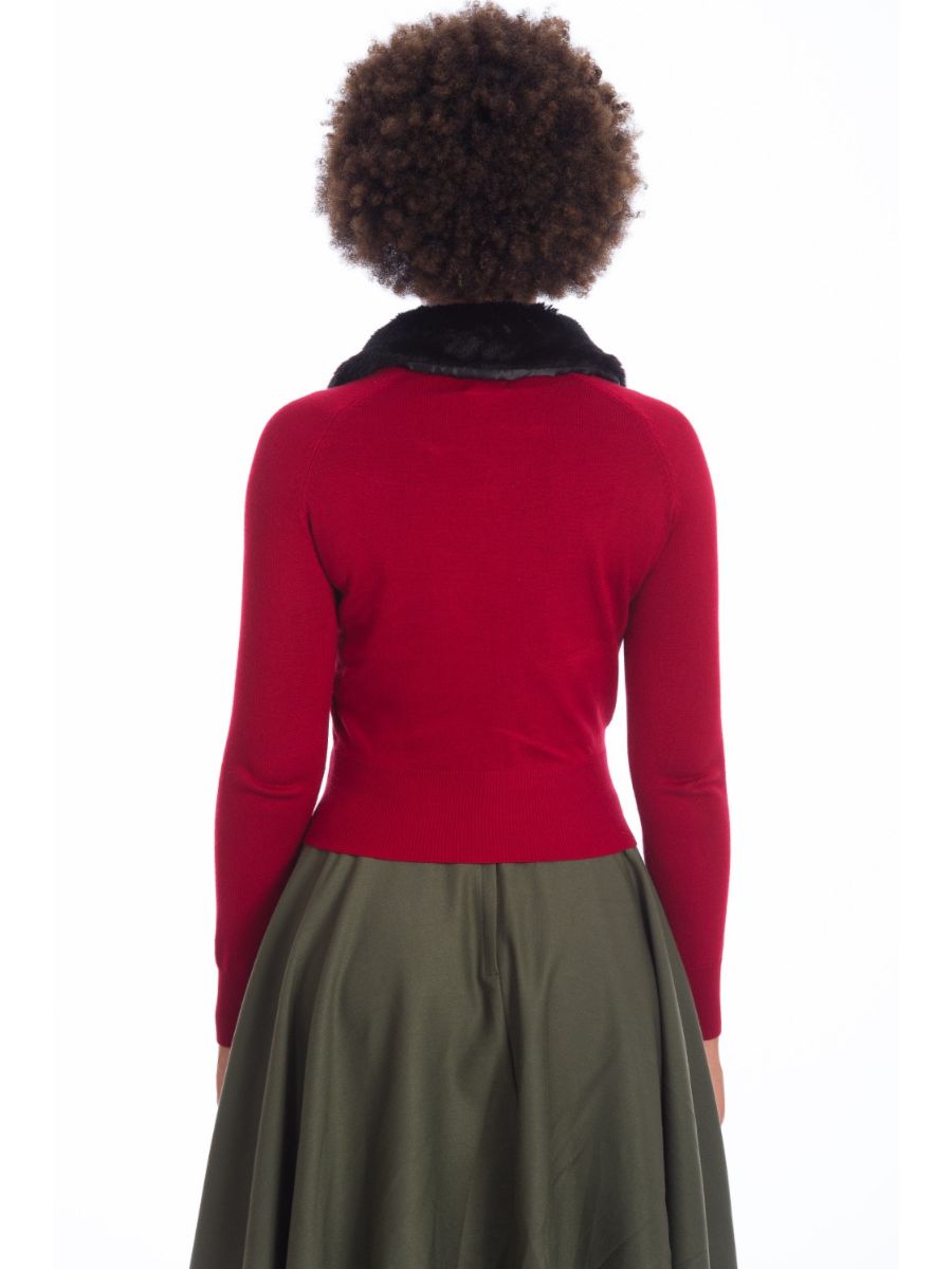 Banned Retro 1950's Bow Dreaming Faux Fur Detachable Collar Vintage Anita Cardigan Burgundy