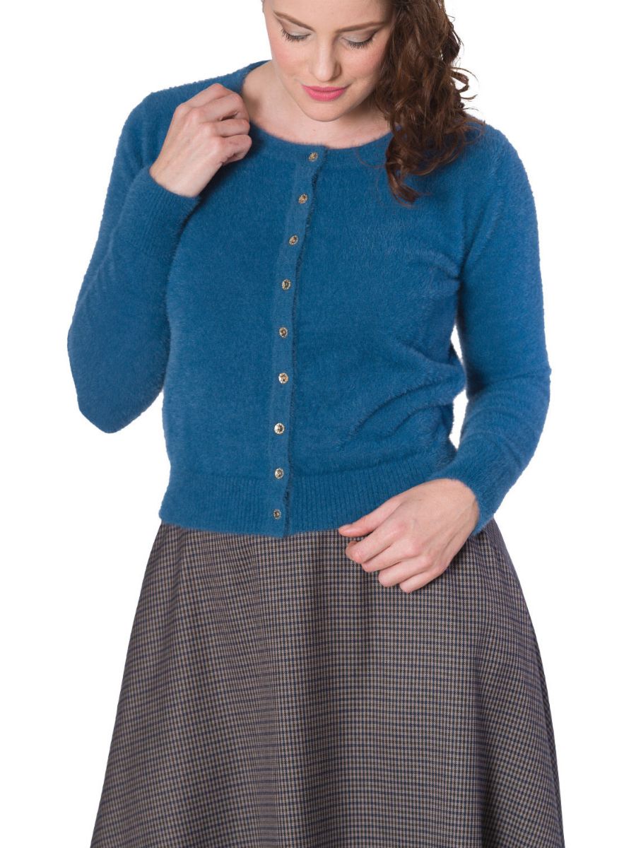 Banned Retro 1950's The Cozy Vintage Mara Faux Fur Cardigan Turquoise