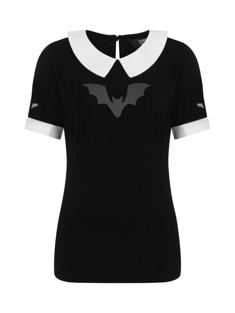 Banned Alternative Bat Beware Peter Pan Collar Mesh Keyhole Top Black