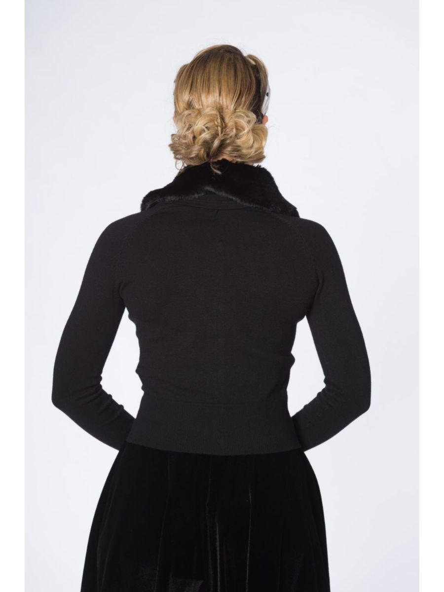 Banned Retro 1950's Bow Dreaming Faux Fur Detachable Collar Vintage Anita Cardigan Black