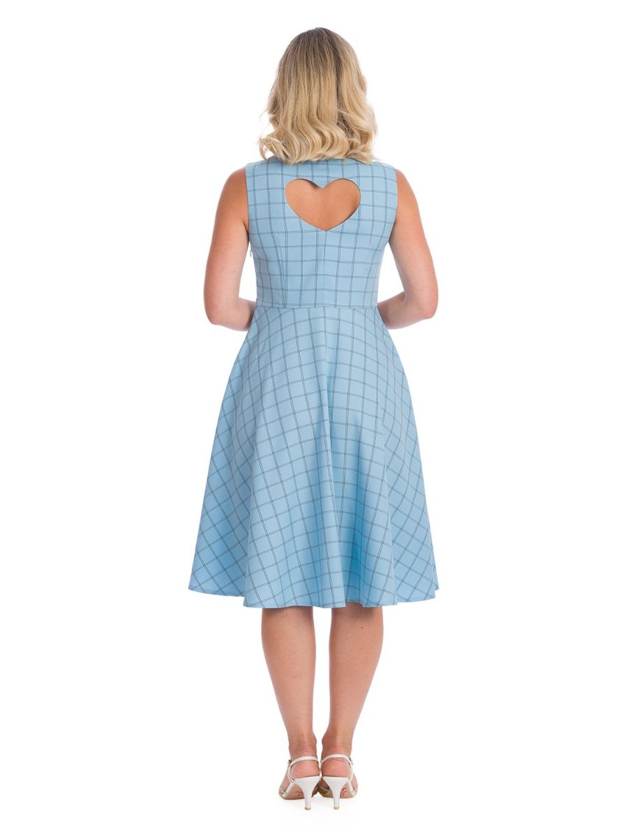 Banned Retro 1950's Love Story Grid Check Heart Cut Out Vintage Fit & Flare Dress Blue
