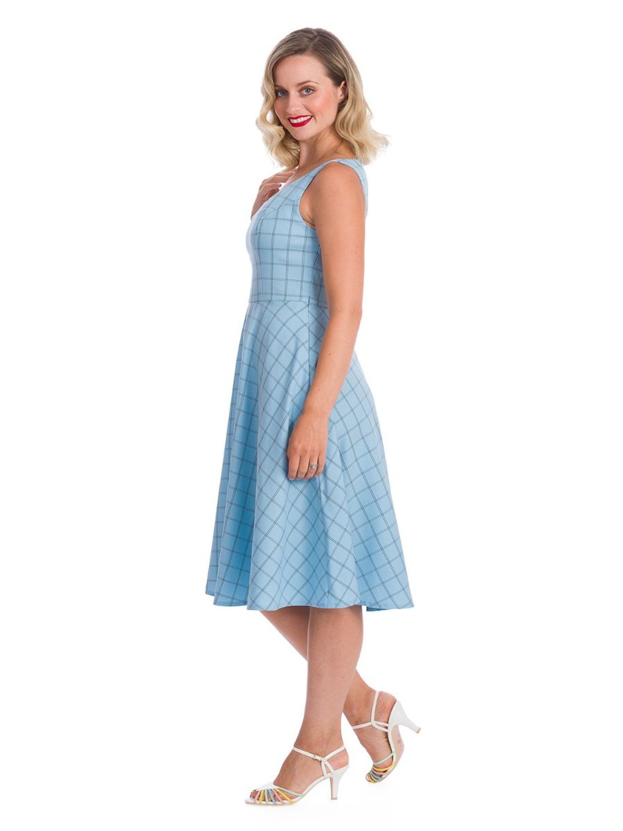 Banned Retro 1950's Love Story Grid Check Heart Cut Out Vintage Fit & Flare Dress Blue