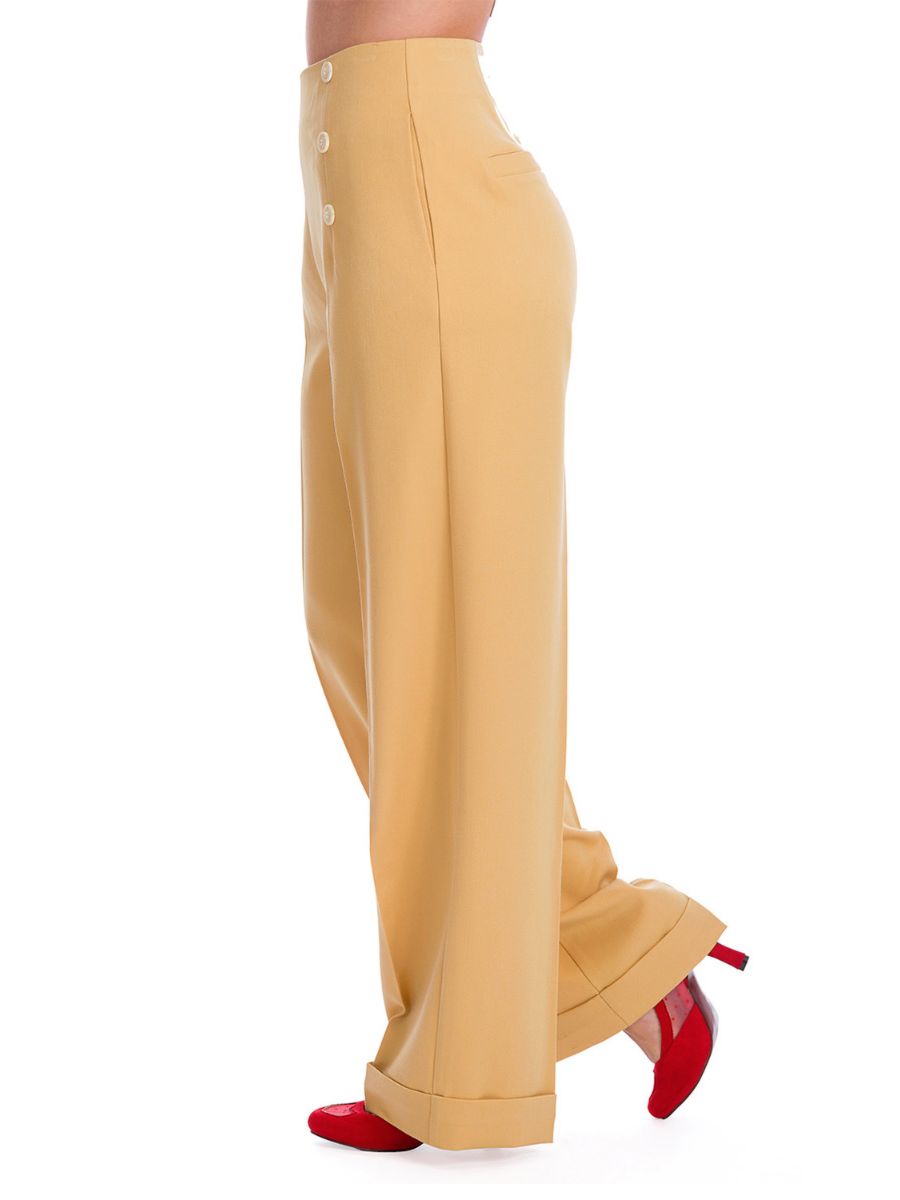 Banned Retro 1950's Adventures Ahead Button Vintage Elizabeth Wide Leg Trouser Mustard Yellow
