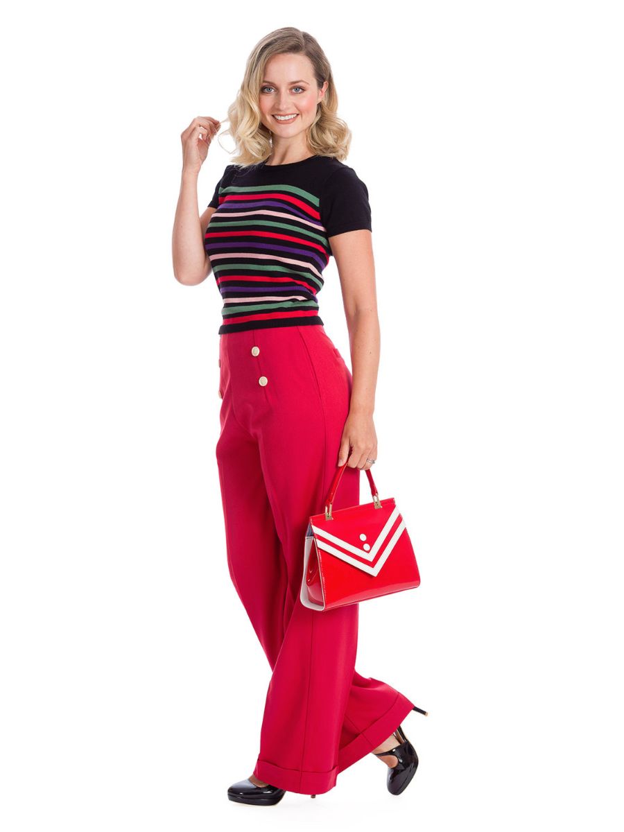Banned Retro 1950's Adventures Ahead Button Vintage Elizabeth Wide Leg Trouser Red