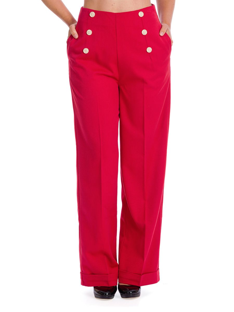 Banned Retro 1950's Adventures Ahead Button Vintage Elizabeth Wide Leg Trouser Red