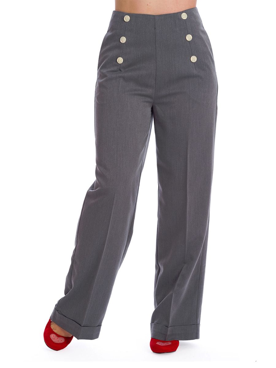 Banned Retro 1950's Adventures Ahead Button Vintage Elizabeth Wide Leg Trouser Grey