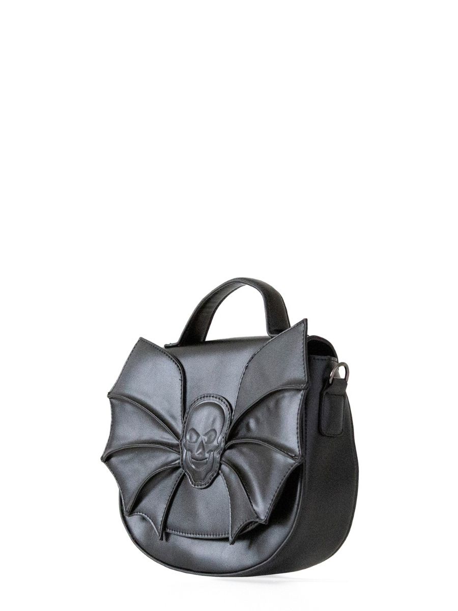Banned Alternative Silent Creature Skull Bat Wings Black Vegan Leather Shoulder Bag