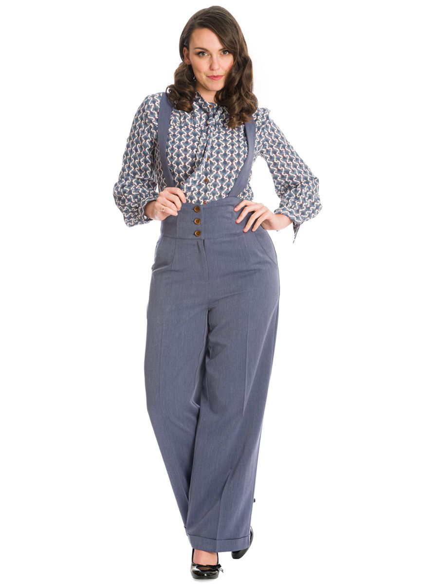 Banned retro 1940s Her favourite trouser High waisted with pockets and detachable suspenders-Blue
