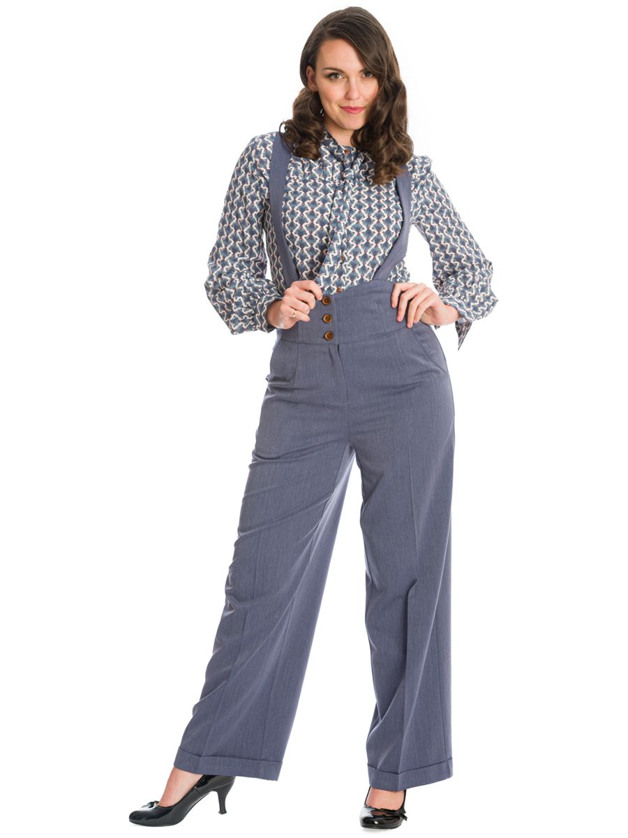 Banned retro 1940s Her favourite trouser High waisted with pockets and detachable suspenders-Blue