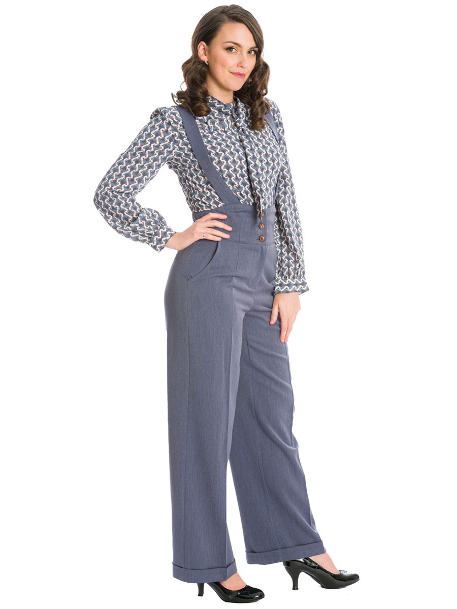 Banned retro 1940s Her favourite trouser High waisted with pockets and detachable suspenders-Blue