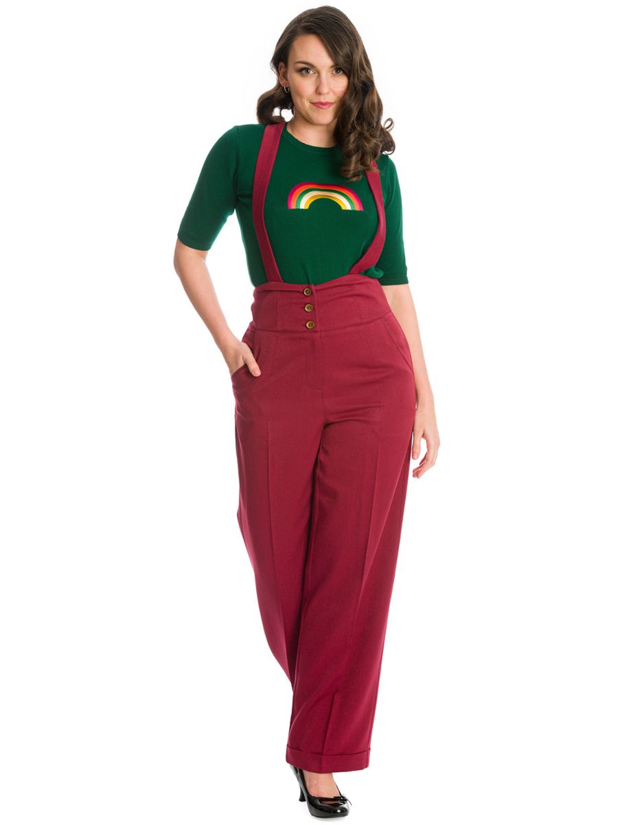 Banned retro 1940s Her favourite trouser High waisted with pockets and detachable suspenders-Burgundy