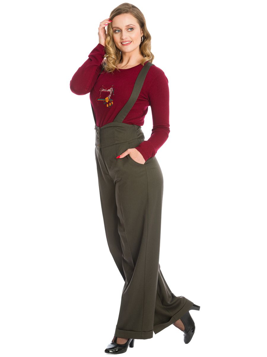 Banned retro 1940s Her favourite trouser High waisted with pockets and detachable suspenders-Green