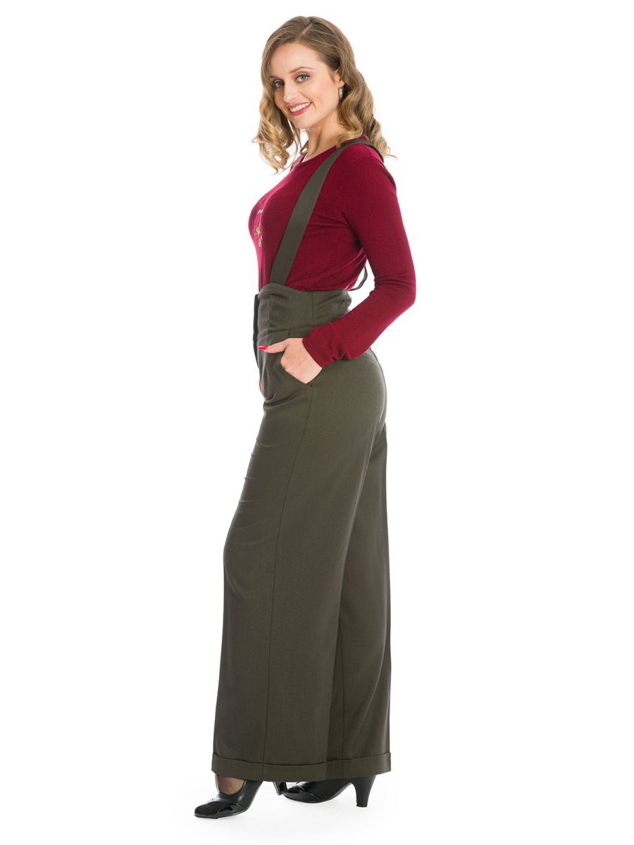 Banned retro 1940s Her favourite trouser High waisted with pockets and detachable suspenders-Green