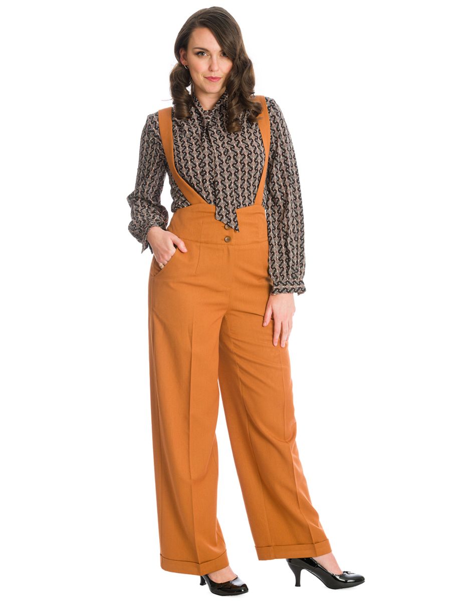 Banned retro 1940s Her favourite trouser High waisted with pockets and detachable suspenders-Tan