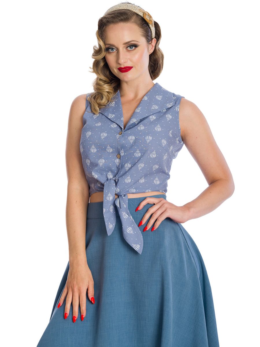 Banned Retro Hot Air Balloon Dreaming Crop Blouse Blue