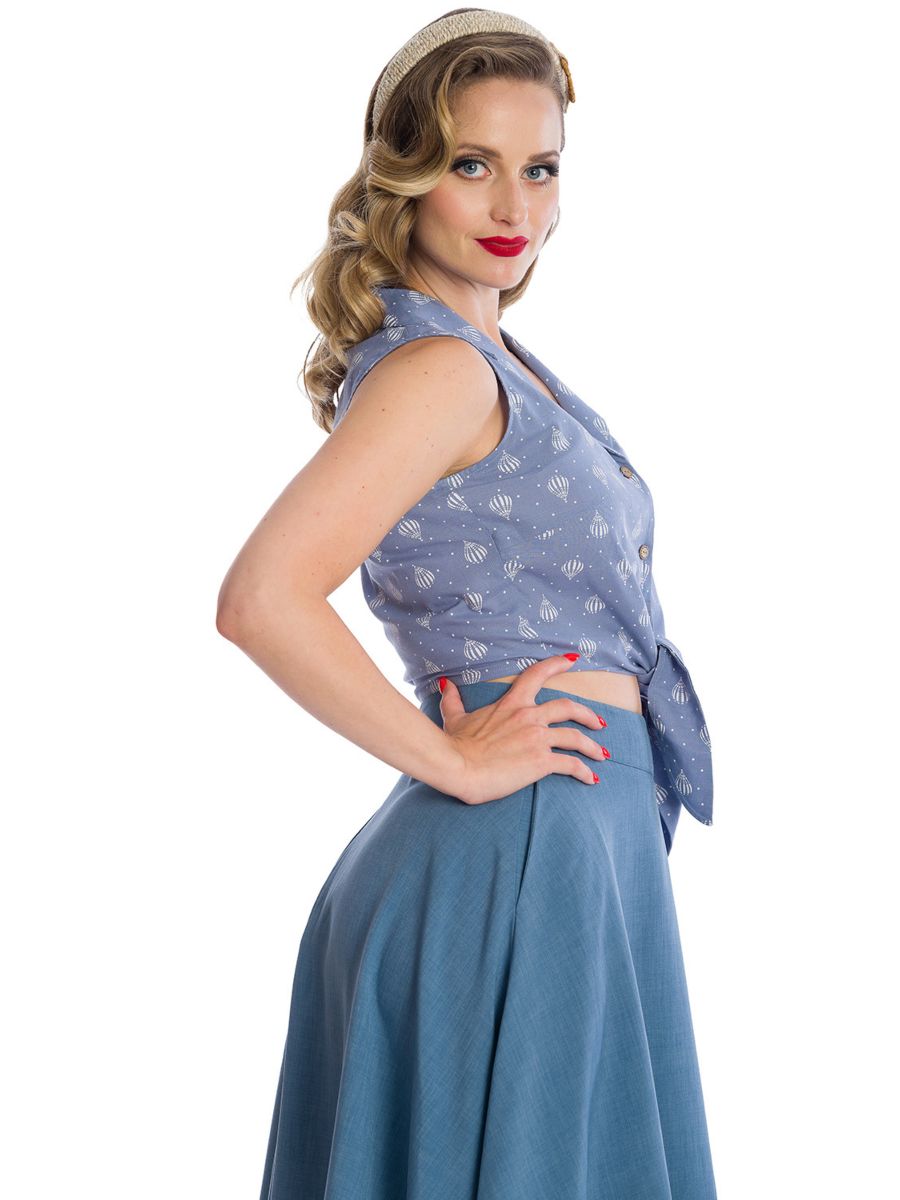 Banned Retro Hot Air Balloon Dreaming Crop Blouse Blue