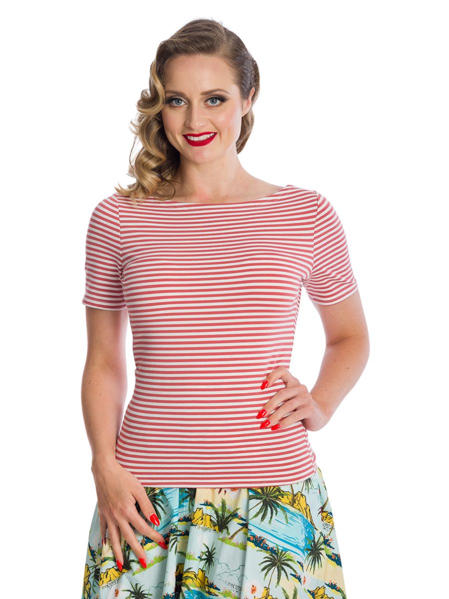 Banned Retro Szizzle Stripe Boat Neck Top Pink