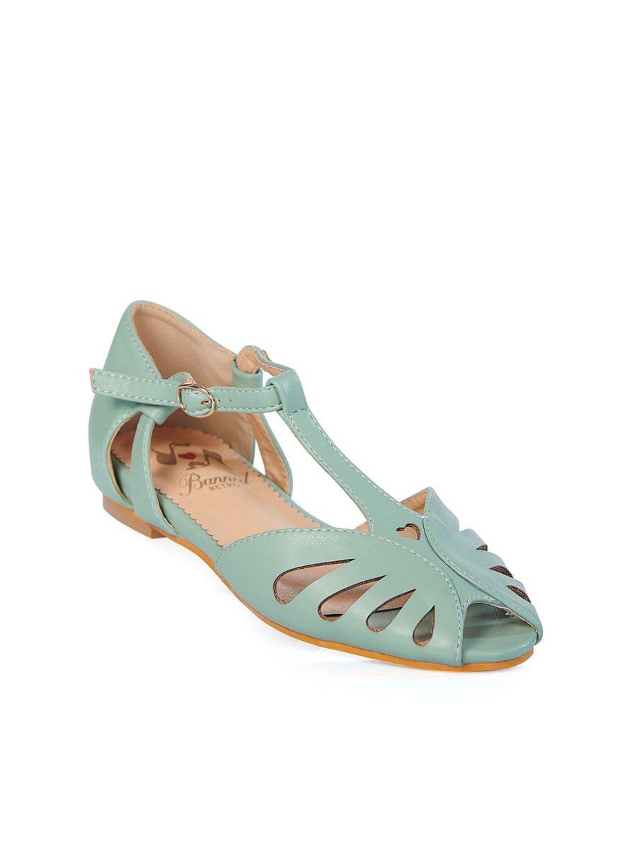 BANNED Retro Secret Love Dapper Sandals Vintage T-Bar Flats With Cut-Out Hearts In Vegan Faux Leather-Mint