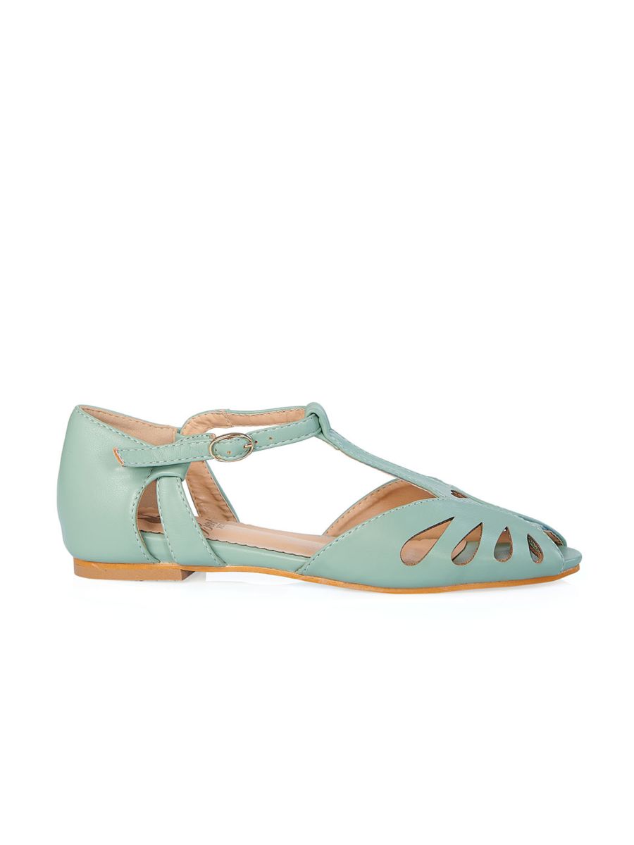 BANNED Retro Secret Love Dapper Sandals Vintage T-Bar Flats With Cut-Out Hearts In Vegan Faux Leather-Mint