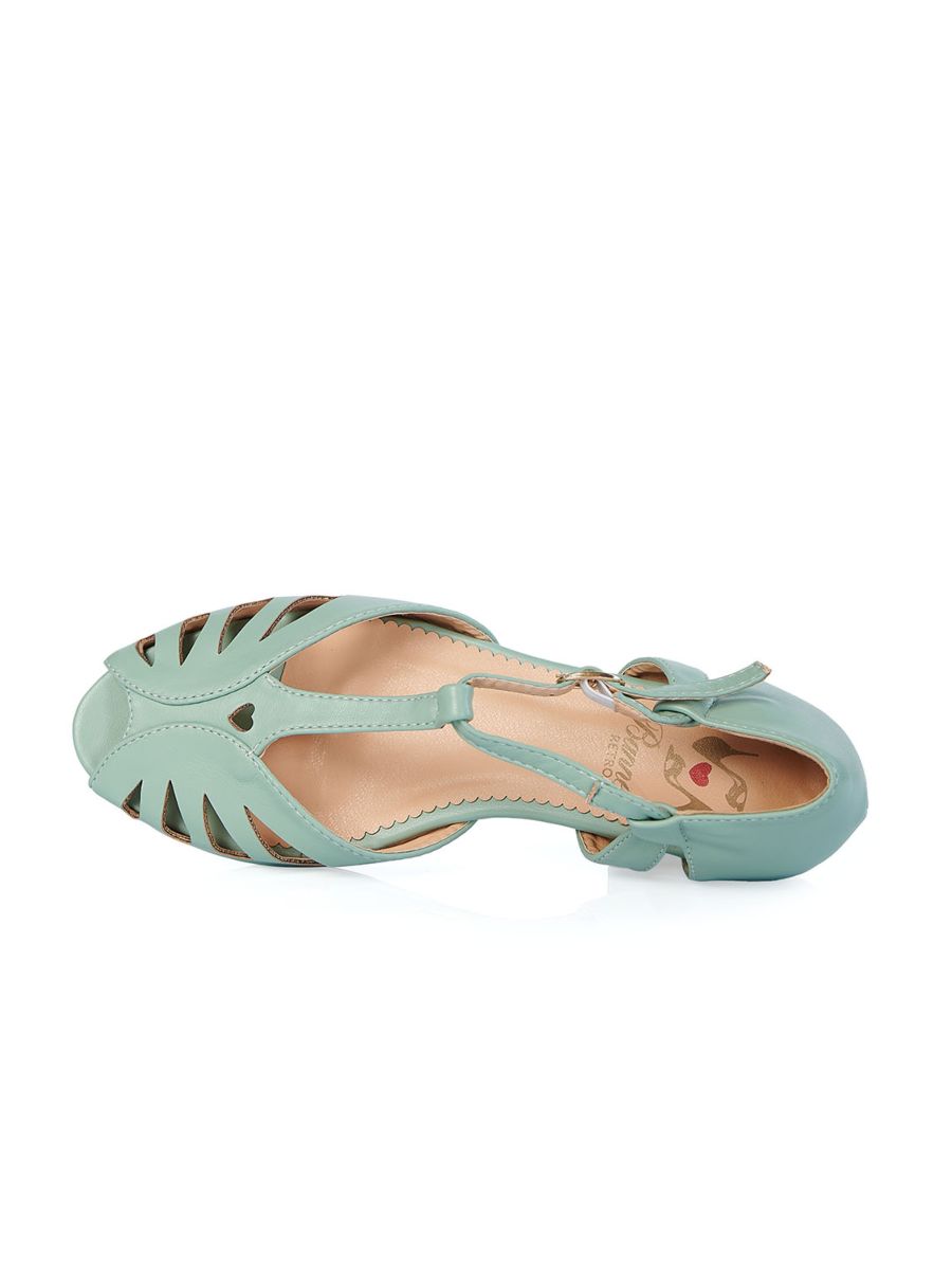 BANNED Retro Secret Love Dapper Sandals Vintage T-Bar Flats With Cut-Out Hearts In Vegan Faux Leather-Mint