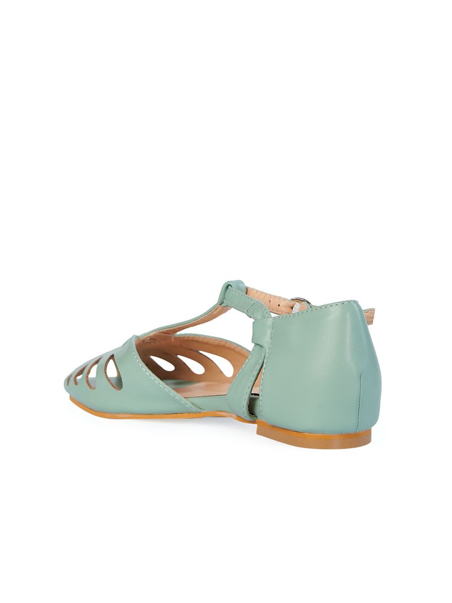 BANNED Retro Secret Love Dapper Sandals Vintage T-Bar Flats With Cut-Out Hearts In Vegan Faux Leather-Mint