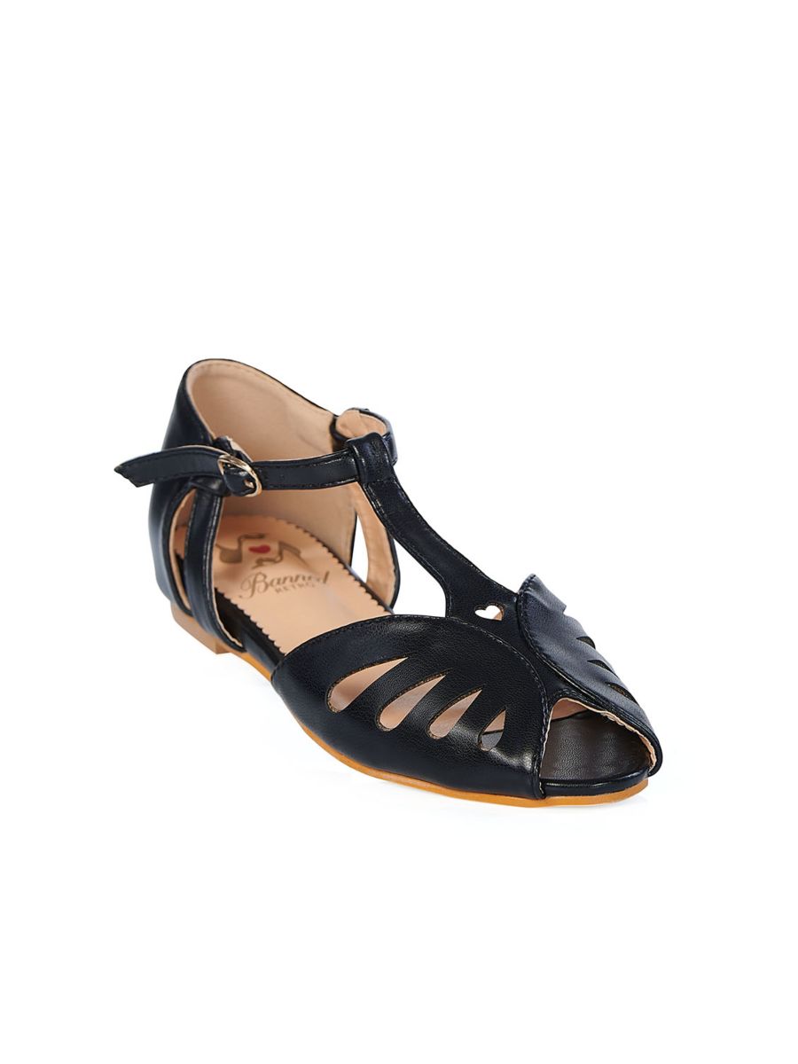 BANNED Retro Secret Love Dapper Sandals Vintage T-Bar Flats With Cut-Out Hearts In Vegan Faux Leather-Black