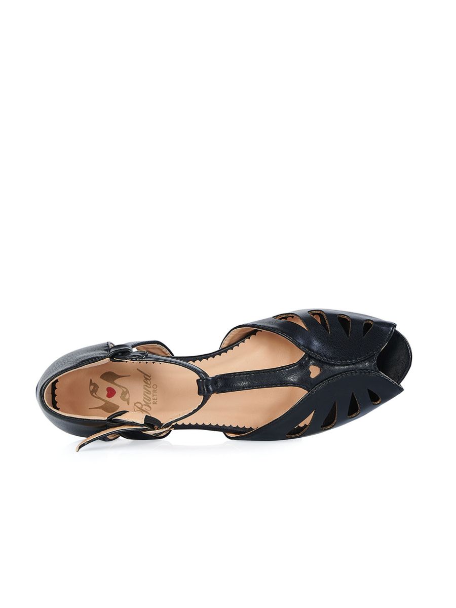 BANNED Retro Secret Love Dapper Sandals Vintage T-Bar Flats With Cut-Out Hearts In Vegan Faux Leather-Black