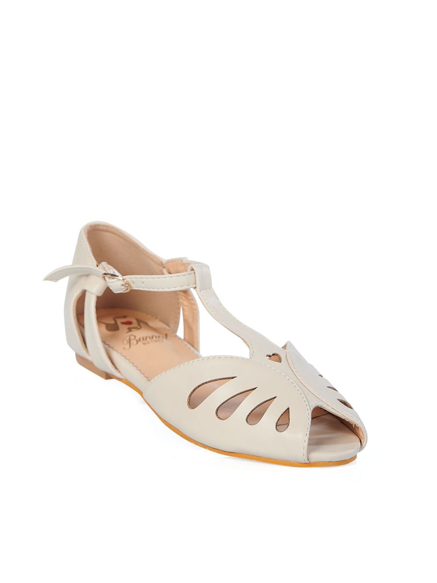 BANNED Retro Secret Love Dapper Sandals Vintage T-Bar Flats With Cut-Out Hearts In Vegan Faux Leather-Cream