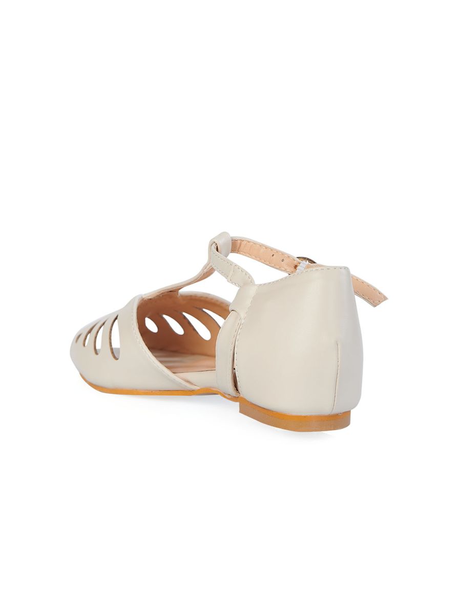 BANNED Retro Secret Love Dapper Sandals Vintage T-Bar Flats With Cut-Out Hearts In Vegan Faux Leather-Cream