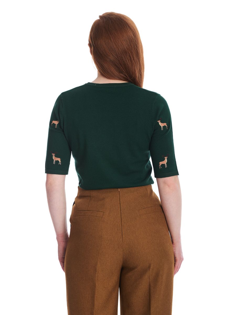 1950's Banned Ruby Sweet Deer Jumper - Vintage Style Reindeer Pattern Knit Sweater-Green