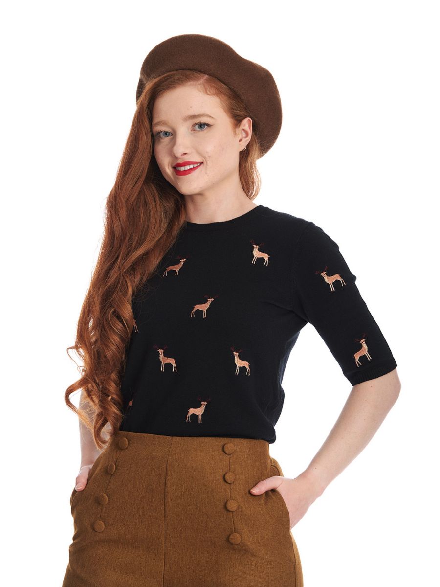 1950's Banned Ruby Sweet Deer Jumper - Vintage Style Reindeer Pattern Knit Sweater-Black