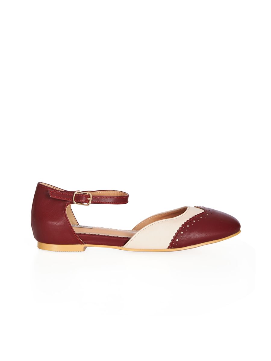 BANNED Retro Dapper Dancemates Flats Retro Two-Tone Brogue Sandals With Hidden Wedge & Ankle Strap-Burgundy