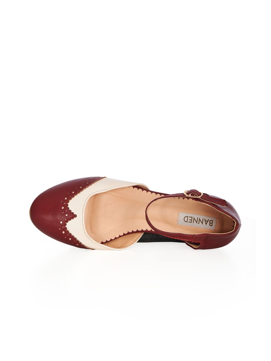 BANNED Retro Dapper Dancemates Flats Retro Two-Tone Brogue Sandals With Hidden Wedge & Ankle Strap-Burgundy