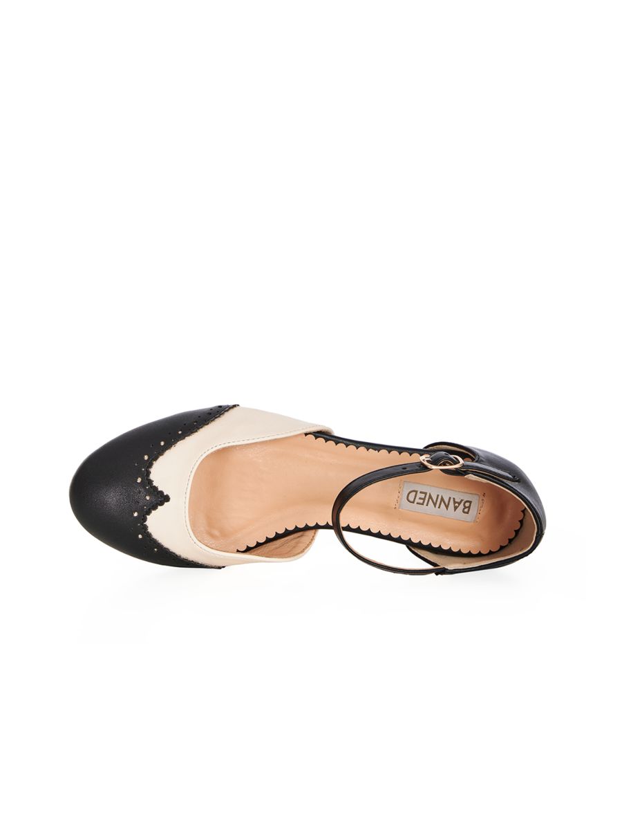 BANNED Retro Dapper Dancemates Flats Retro Two-Tone Brogue Sandals With Hidden Wedge & Ankle Strap-Black