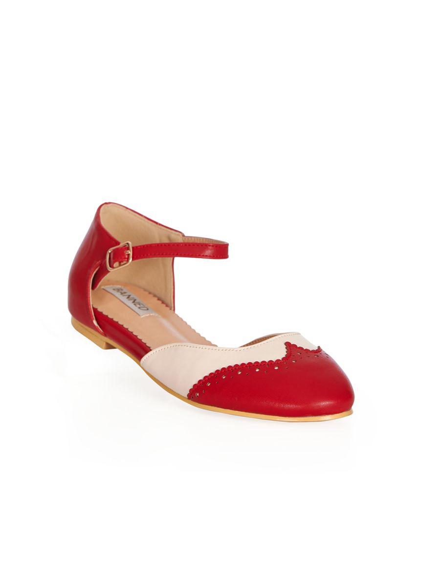 BANNED Retro Dapper Dancemates Flats Retro Two-Tone Brogue Sandals With Hidden Wedge & Ankle Strap-Red