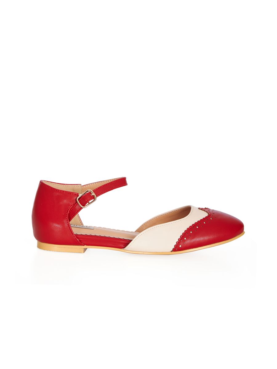 BANNED Retro Dapper Dancemates Flats Retro Two-Tone Brogue Sandals With Hidden Wedge & Ankle Strap-Red